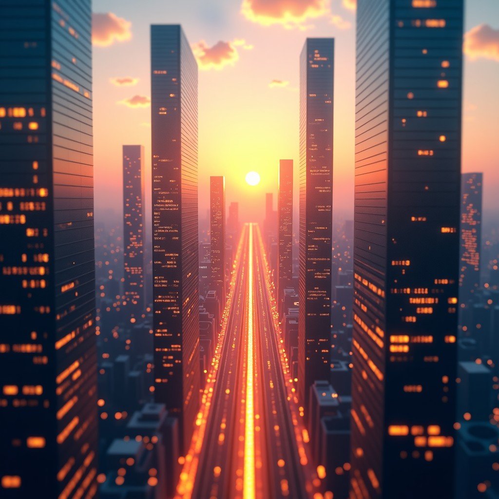 A panoramic view of a futuristic smart city integrated with glowing digital networks and AI symbols. The lighting is balanced with golden hour sunlight reflecting off glass buildings, symbolizing the complex relationship between humanity and technology. 4:3