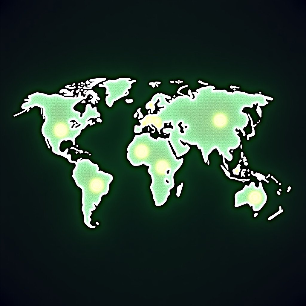 A global map visualization with glowing green lines connecting different continents representing a supply chain, digital icons of beer bottles and gears, dark background with high contrast, 4:3