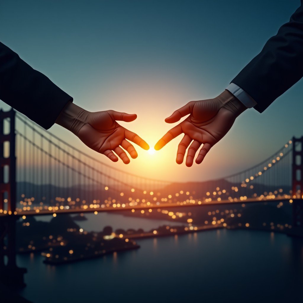 Two diverse hands reaching towards each other over a glowing digital bridge made of light, symbolizing cooperation and ethical progress, 1:1