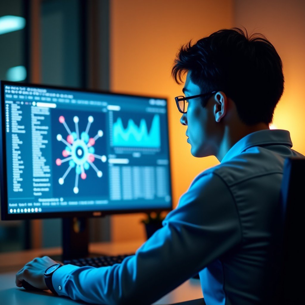 A professional South Korean male in a high-end office looking intensely at a computer monitor displaying complex data and abstract AI nodes. Cinematic lighting, professional atmosphere, realistic style, 4:3.