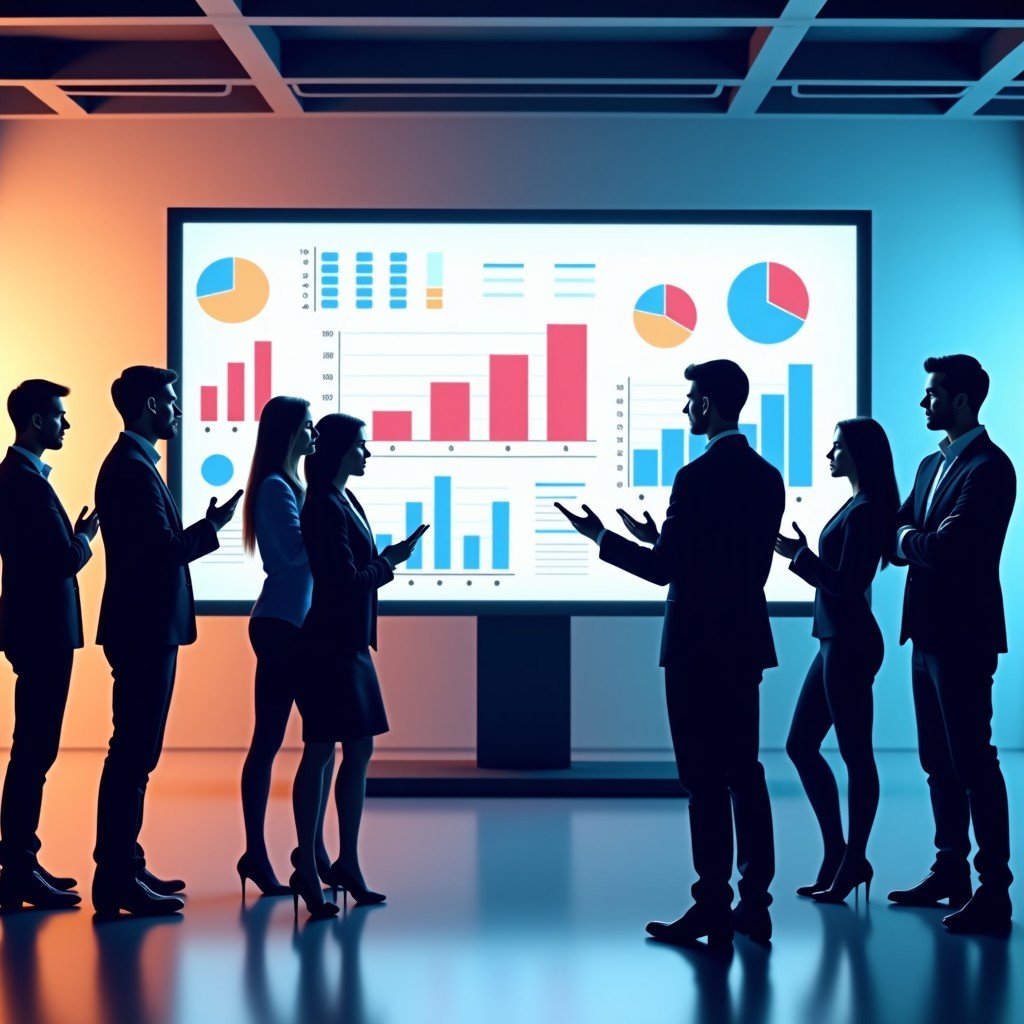 A diverse group of young professionals in a bright office looking at a large screen with data visualizations and social media icons. Modern corporate setting, vibrant colors, wide shot. 4:3