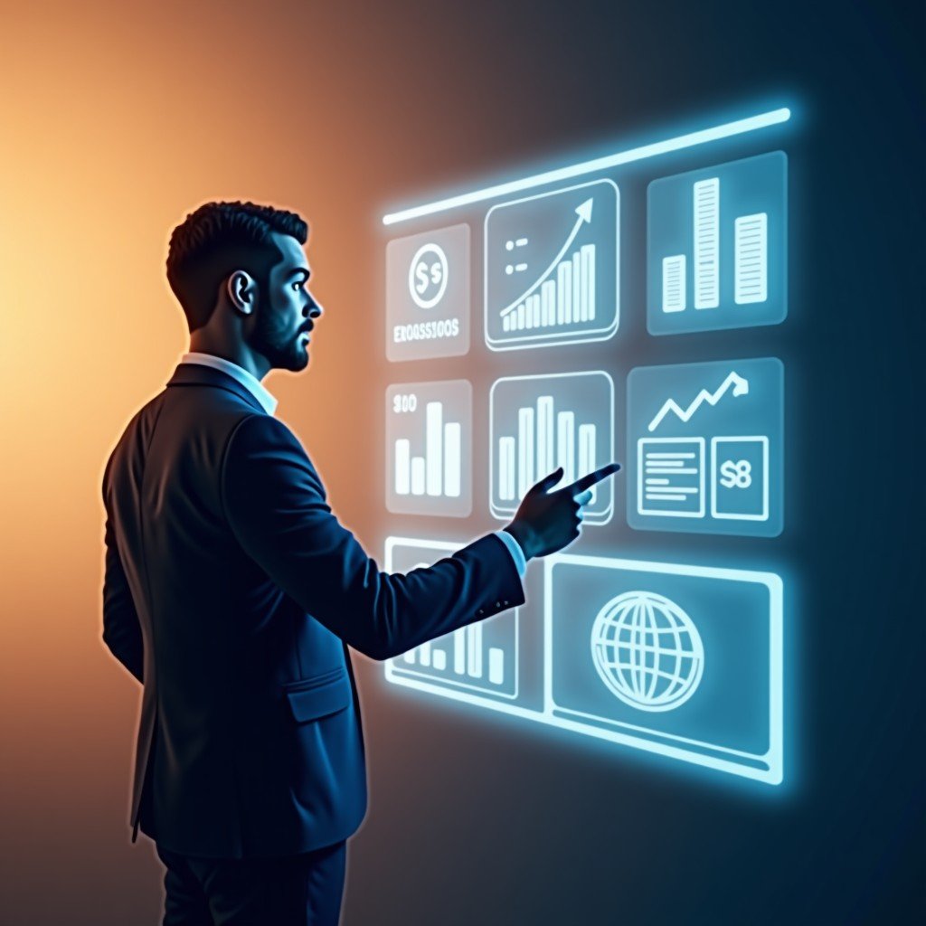 A digital marketing professional analyzing low-cost advertising metrics on a large transparent holographic display. The scene includes stylized icons representing social media engagement and budget optimization. Warm and professional color palette. No text. 4:3