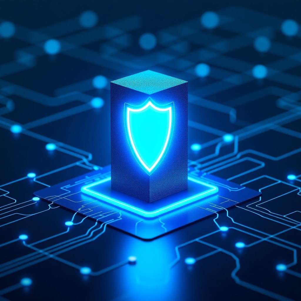 A glowing digital shield protecting a network of data servers. Abstract representation of cyber security with blue and neon light accents, futuristic and high-tech visualization. 4:3