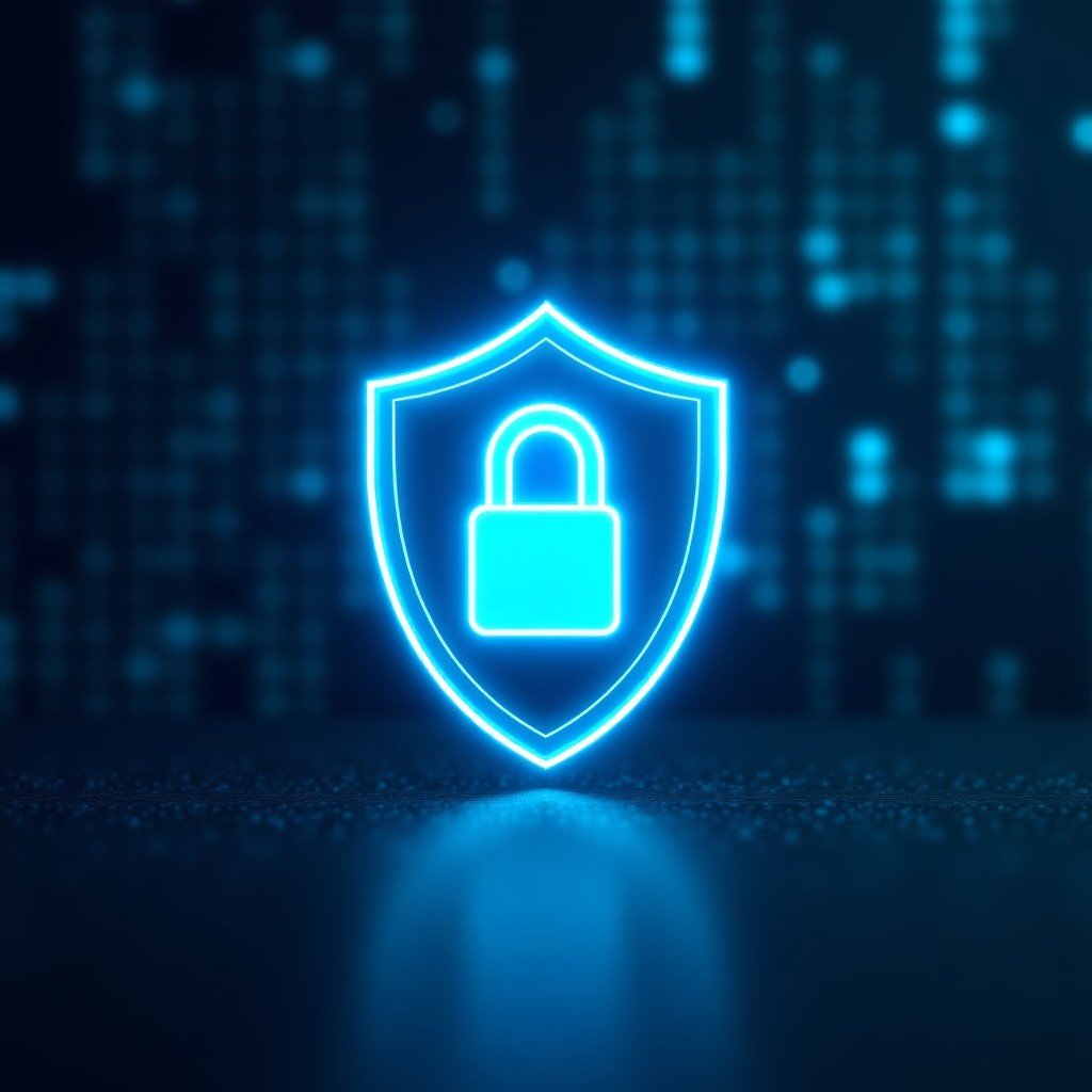 A conceptual image of digital security, featuring a glowing blue shield icon over a blurred background of binary codes and data streams. High-tech aesthetics, clean and sharp focus on the security symbol, realistic textures, no text. 4:3