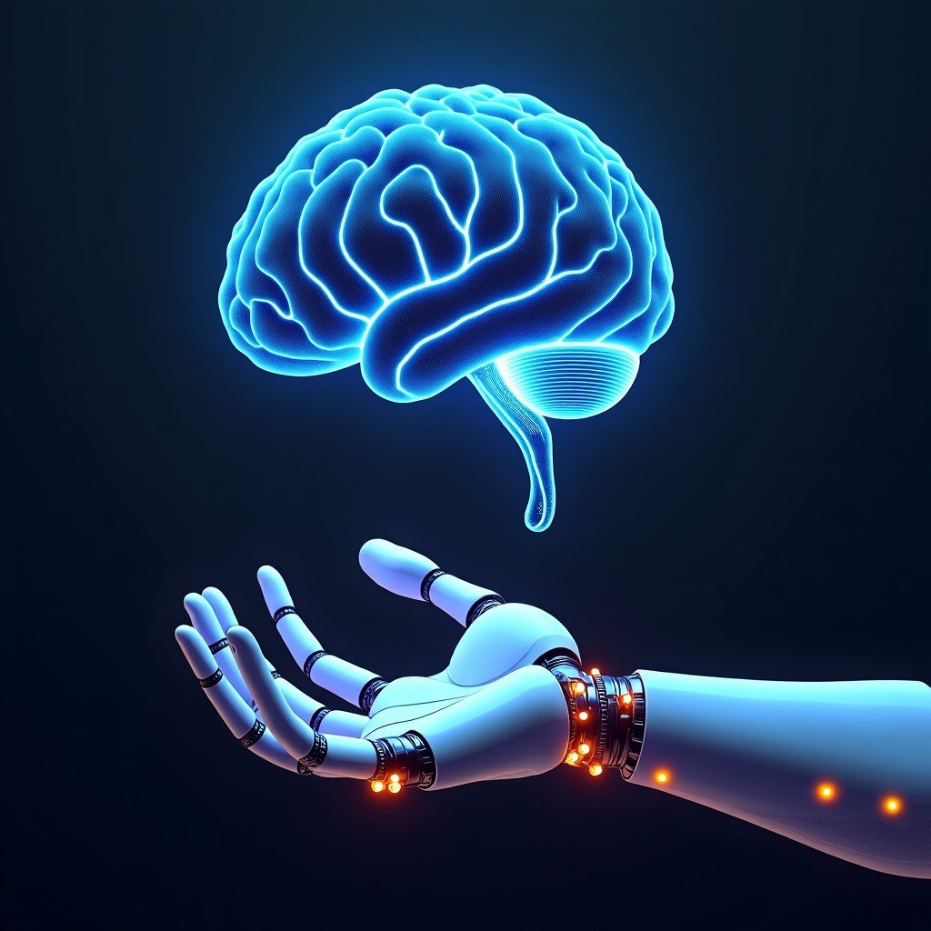 Conceptual art showing a digital AI brain connecting to a physical robotic arm, glowing neural networks, dark background with neon lights, 4:3