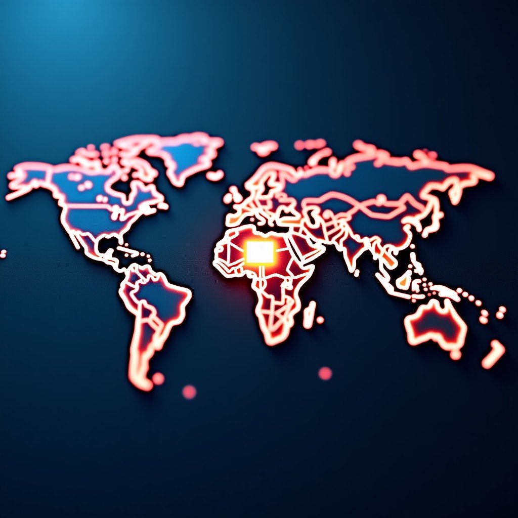 Abstract representation of global semiconductor supply chain, glowing digital map connected to a central microprocessor, sophisticated design, 16:9 aspect ratio.