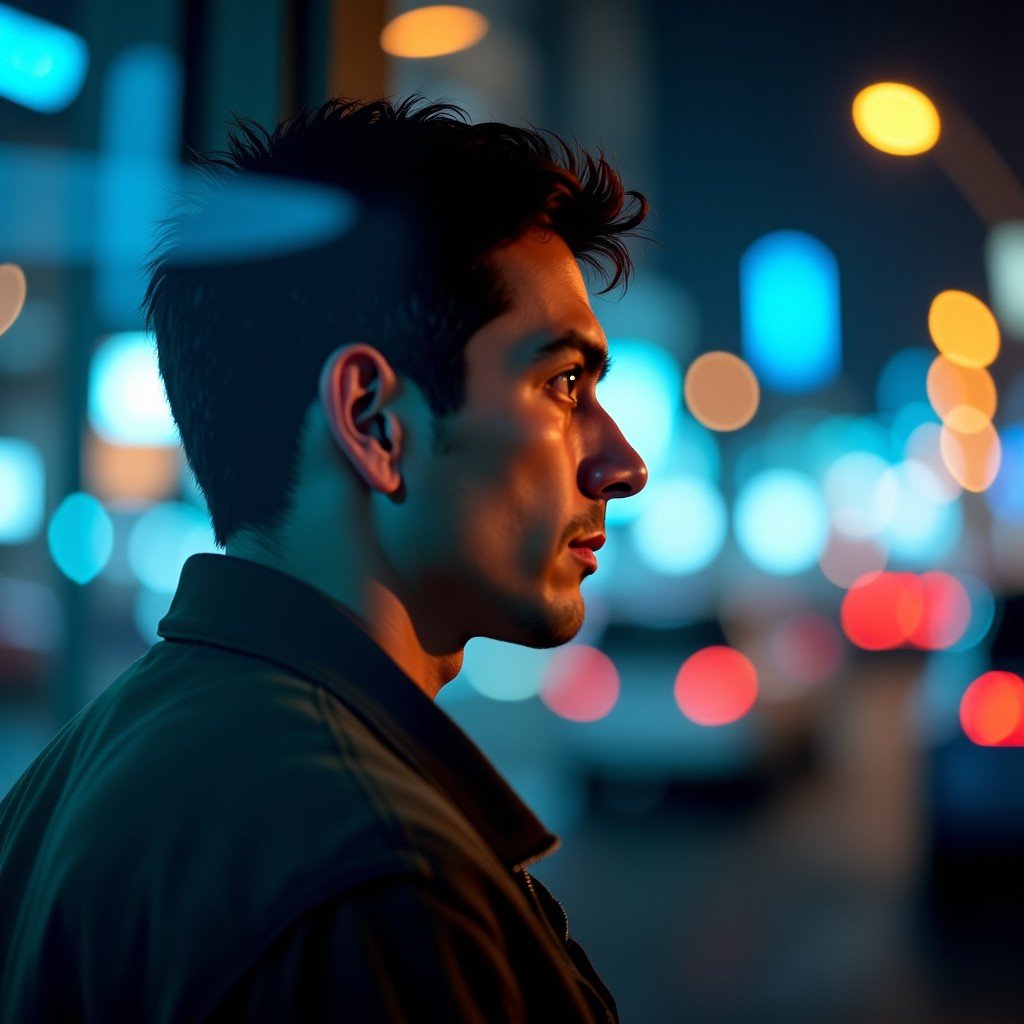 A close-up shot of a person reflections in a glass window with a busy digital city background. The expression is pensive and thoughtful. Warm interior lighting contrasting with cool blue exterior lights. High contrast, photorealistic, 1:1.