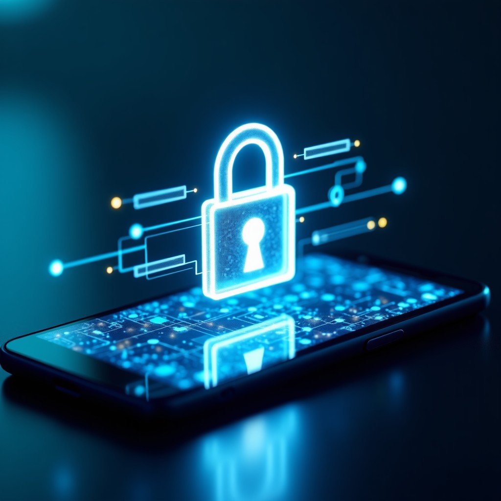 A digital padlock protecting sensitive information on a modern smartphone screen, glowing data streams, cinematic lighting, high contrast, 1:1