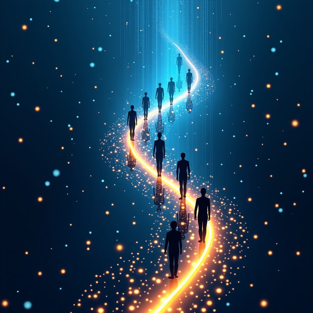 An artistic illustration representing the intersection of digital technology and human rights, glowing circuit patterns blended with human silhouettes, sophisticated blue and gold tones, 4:3