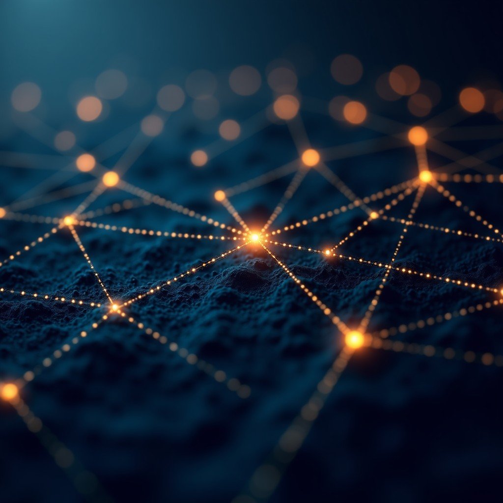 An artistic rendering of interconnected digital lines and glowing nodes representing a neural network, navy and gold color palette, high contrast, textured background, no text, 4:3