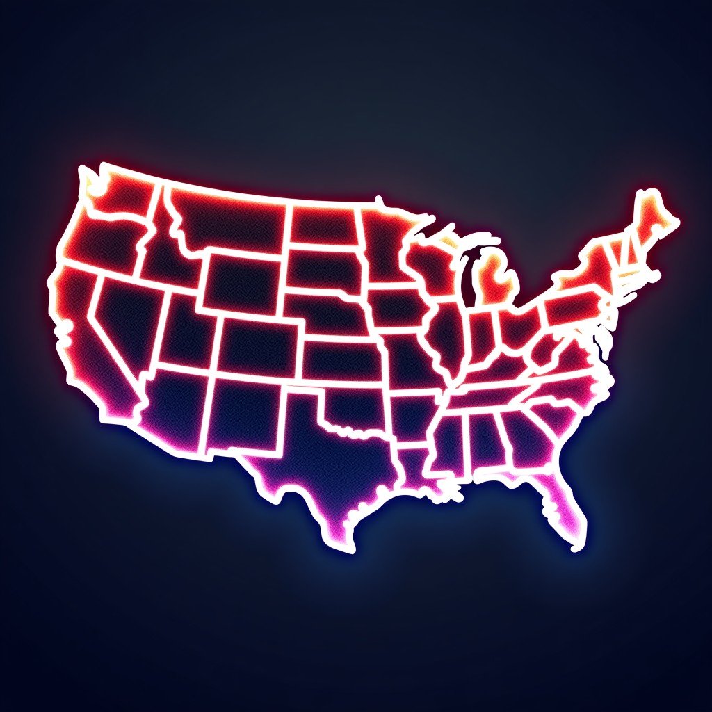 An artistic rendering of glowing digital lines connecting people across a stylized map of the United States. Vibrant colors textured background 4:3
