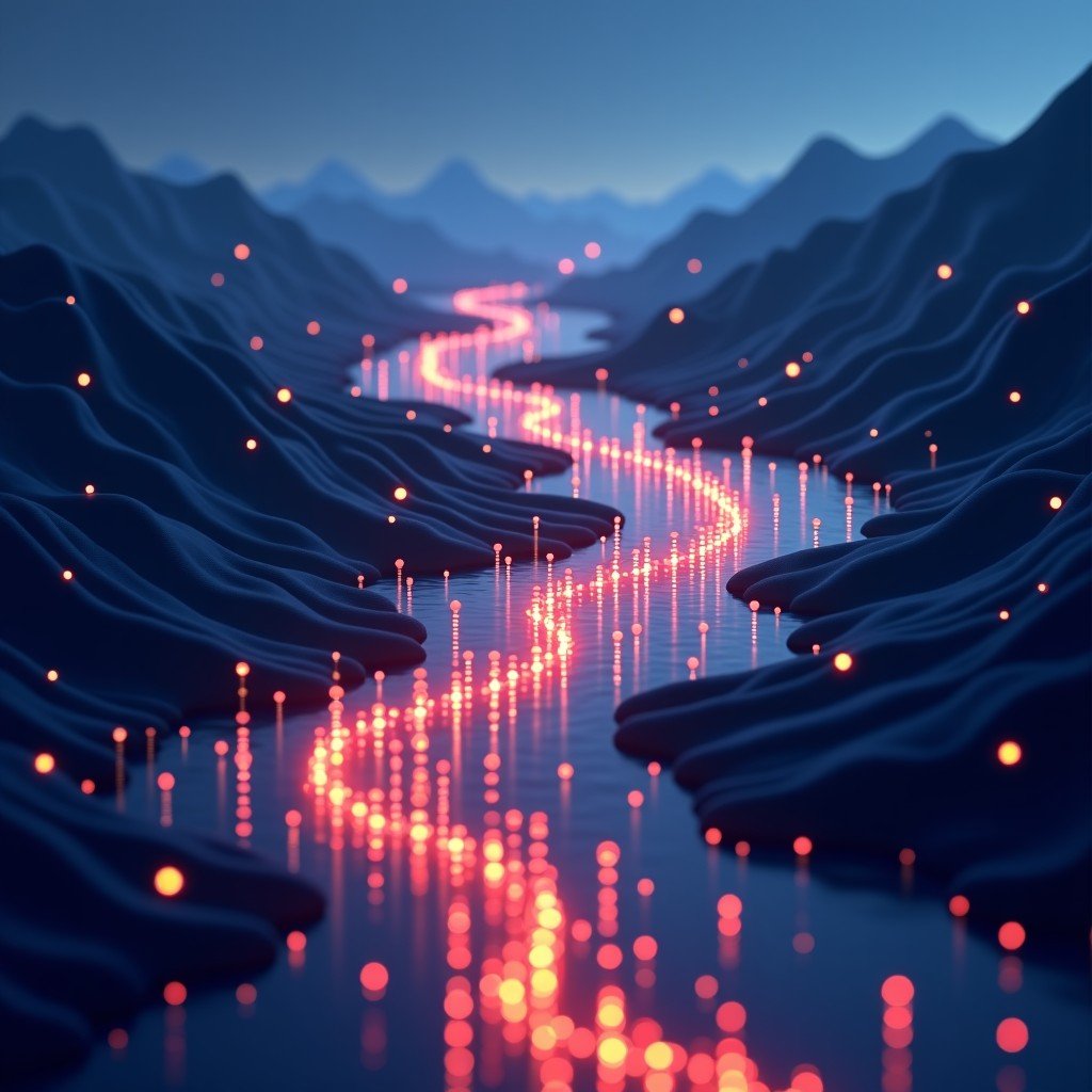 Conceptual illustration of digital data error, binary code flowing like a river with a glitch effect, glowing Bitcoin symbols scattered, modern abstract style, 4:3