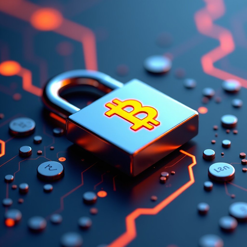 A metallic padlock with a digital Bitcoin symbol on it, placed on a high-tech circuit board background, neon blue and orange lighting, high quality 3D render, 1:1