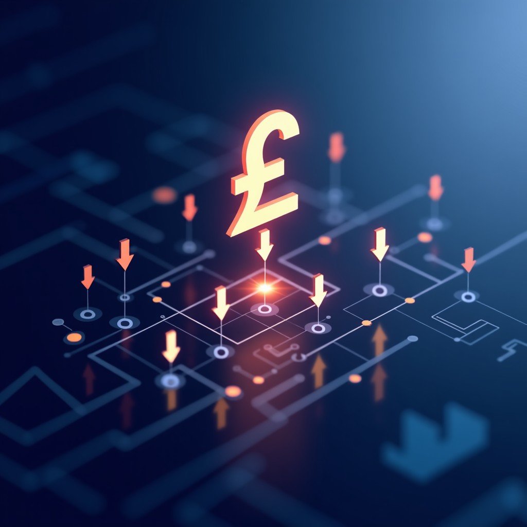 A modern and clean infographic style image showing a digital currency symbol with downward arrows on a sleek financial dashboard background. The lighting is professional with high contrast. No text or characters. 4:3