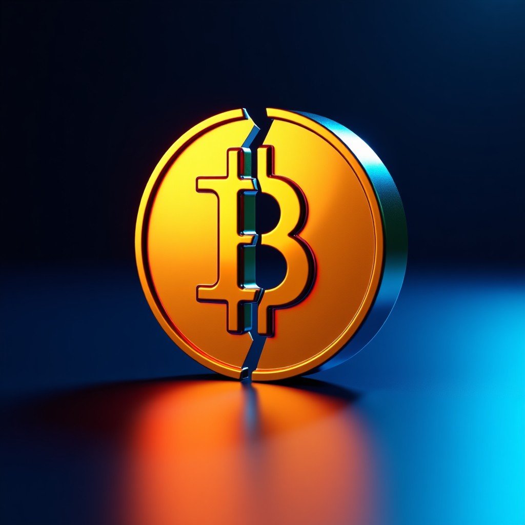 A 3D golden Bitcoin coin cracking and splitting on a dark reflective surface, dramatic blue and red lighting, high contrast, sharp details, 4:3
