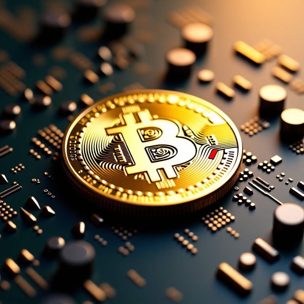 A detailed composition of a golden bitcoin coin placed on a futuristic circuit board, soft warm lighting, professional macro photography, 4:3