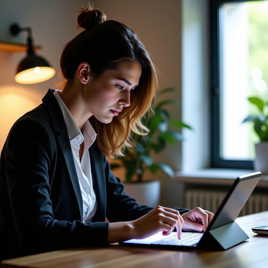 A creative professional working on a high-end tablet, designing video content with AI assistance, soft natural indoor lighting, focused expression, realistic lifestyle photography. 4:3