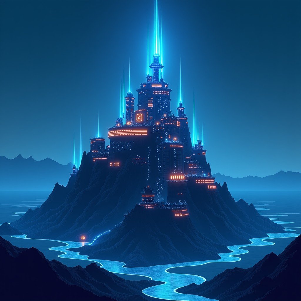 A futuristic digital fortress representing a cybersecurity platform, standing strong against glowing waves of binary data. The lighting is dramatic, with a focus on stability and protection. 4:3
