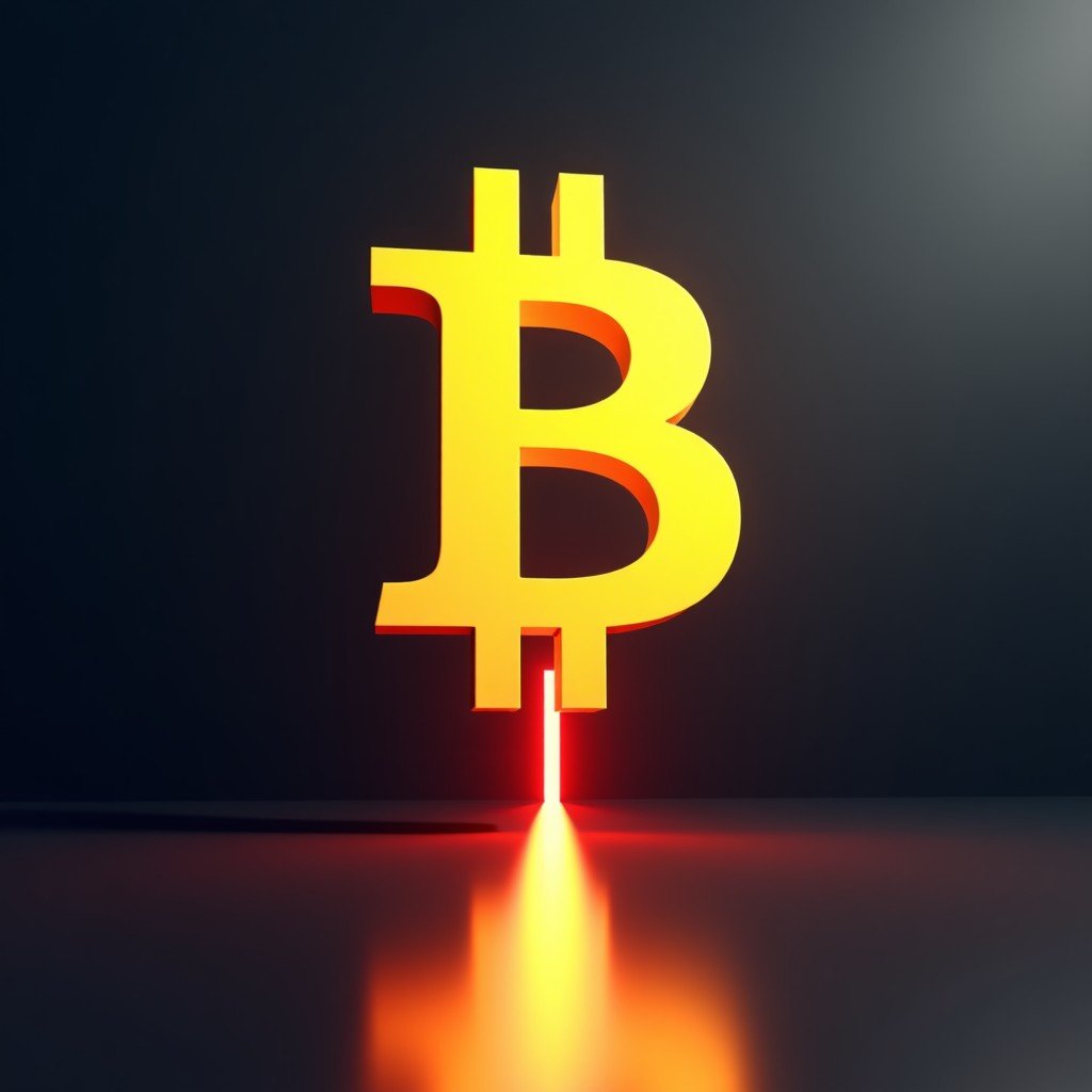 A 3D render of a golden Bitcoin symbol floating over a dark abyss with a faint red laser line trending downwards into the distance, cinematic lighting, 4:3