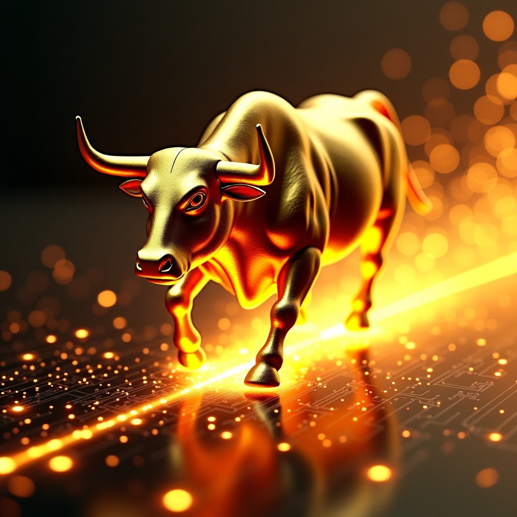 An artistic representation of a golden bull charging through a glowing digital circuit board representing a tech market recovery. 1:1