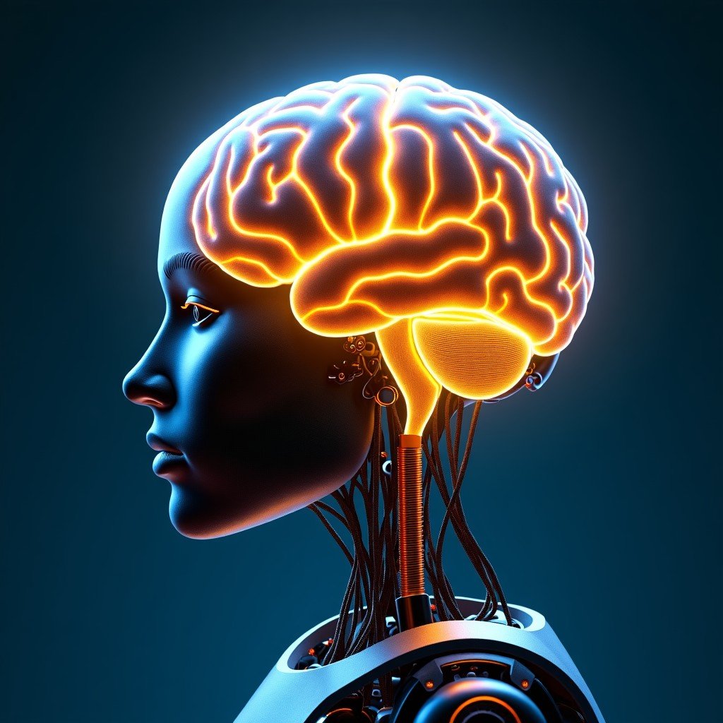 A conceptual visualization of an AI brain glowing in gold and blue light, connected to mechanical gears and robotic components. Symbolizing the fusion of large language models and physical robotics. 4:3