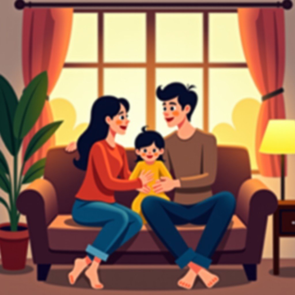 A cozy living room with warm lighting in the evening. A Korean mother and father are sitting on a sofa with their young child, looking relaxed and happy. The atmosphere is peaceful and calm. 4:3