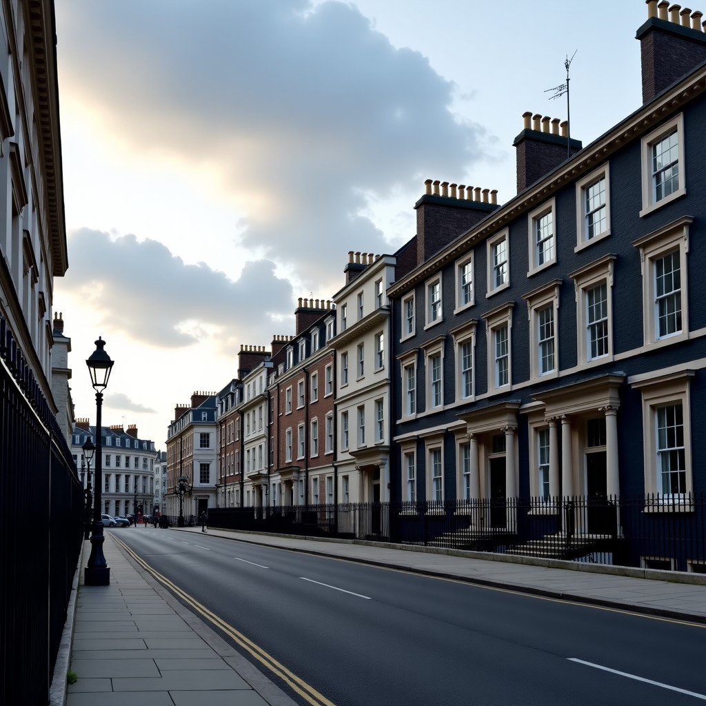 A professional wide shot of 10 Downing Street in London under a cloudy sky, realistic architecture, high quality photography, 4:3