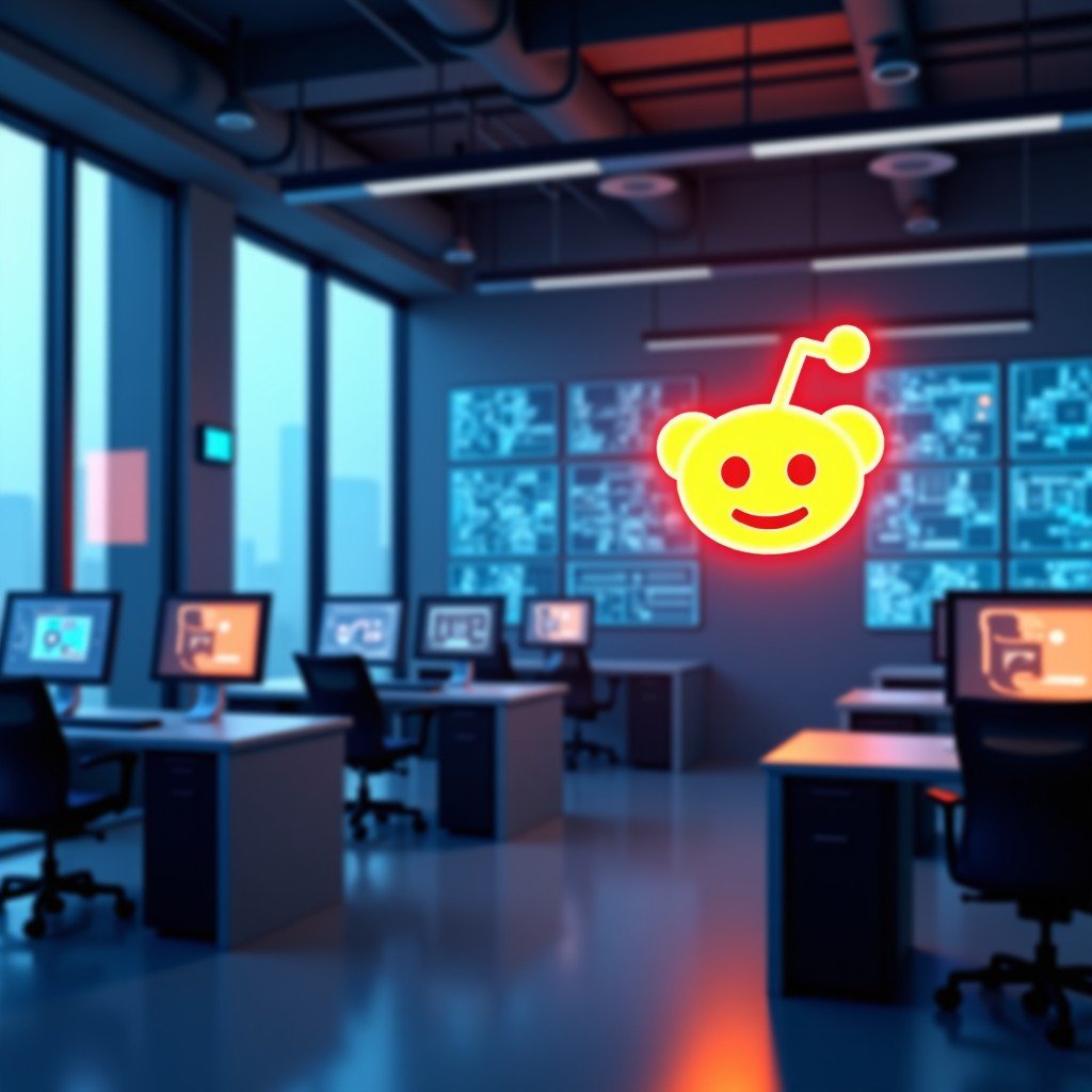 A modern high-tech office interior with a glowing digital Reddit logo on a sleek glass wall. The atmosphere is professional and innovative with soft blue and orange ambient lighting. High-end computer monitors show abstract data visualizations. No text. 4:3