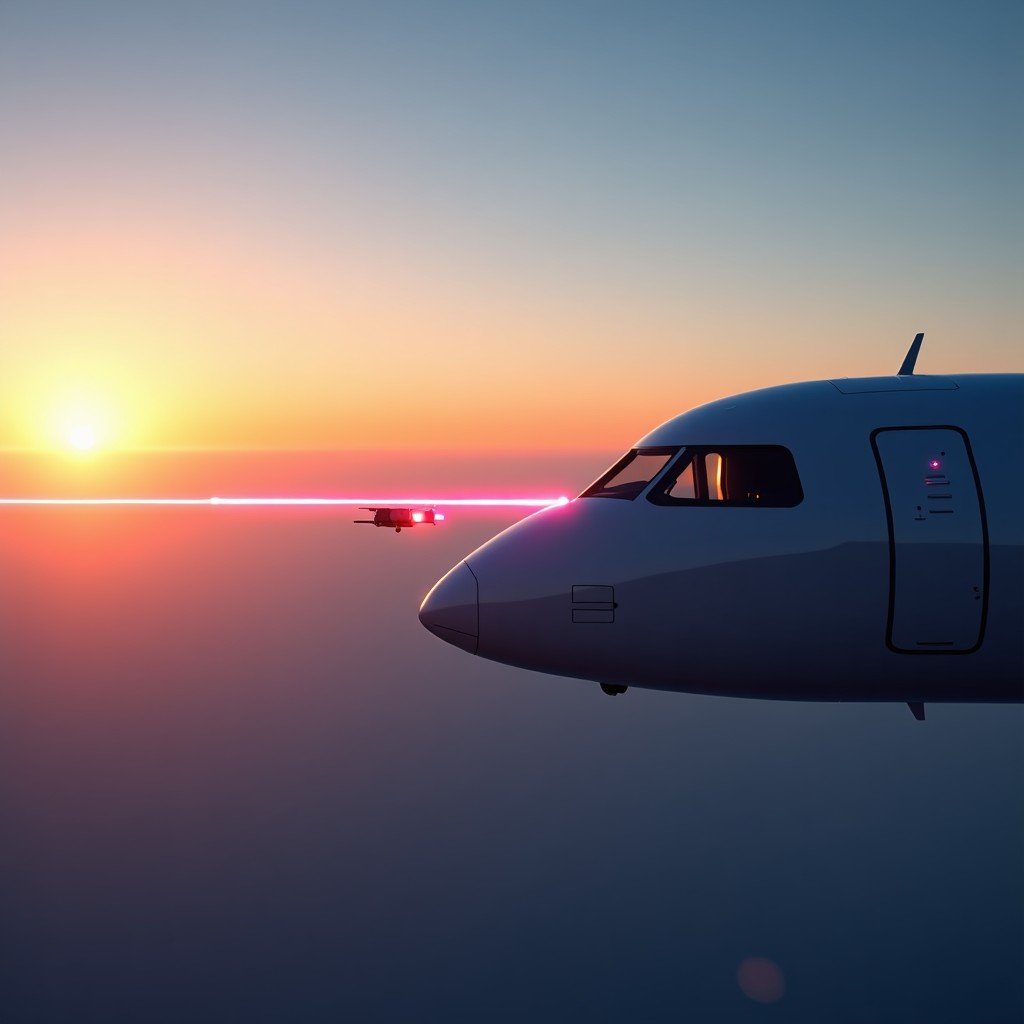 A modern high-tech laser communication device mounted on the side of a sleek airplane, visible laser beam connecting to a satellite, realistic photography, sunset sky background, 4:3