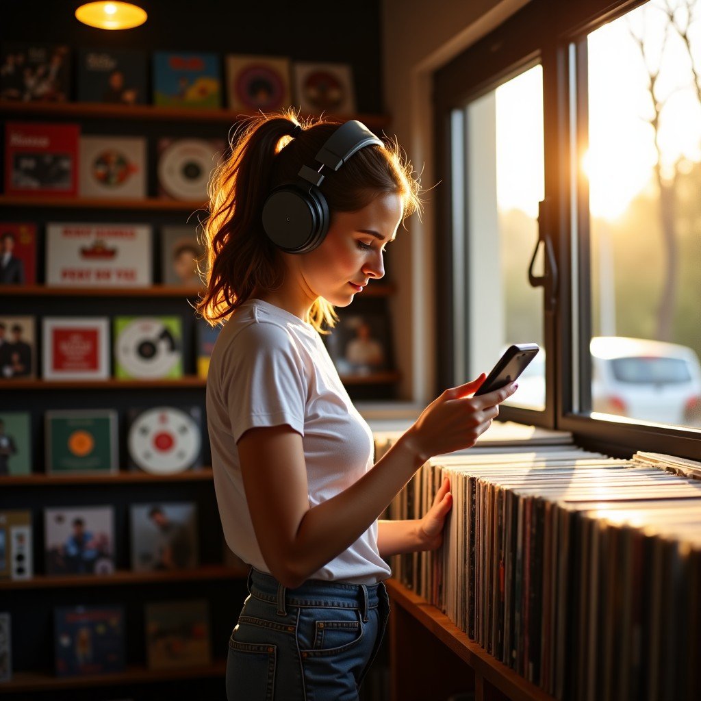 A young woman with headphones browsing vintage vinyl records in a cozy record store, warm sunlight filtering through the window, lifestyle photography, natural lighting, 4:3
