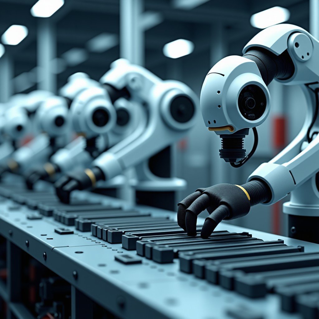 Advanced AI robots assembling electronic components on a high-speed production line in a modern factory, focus on precision and technology, 4:3