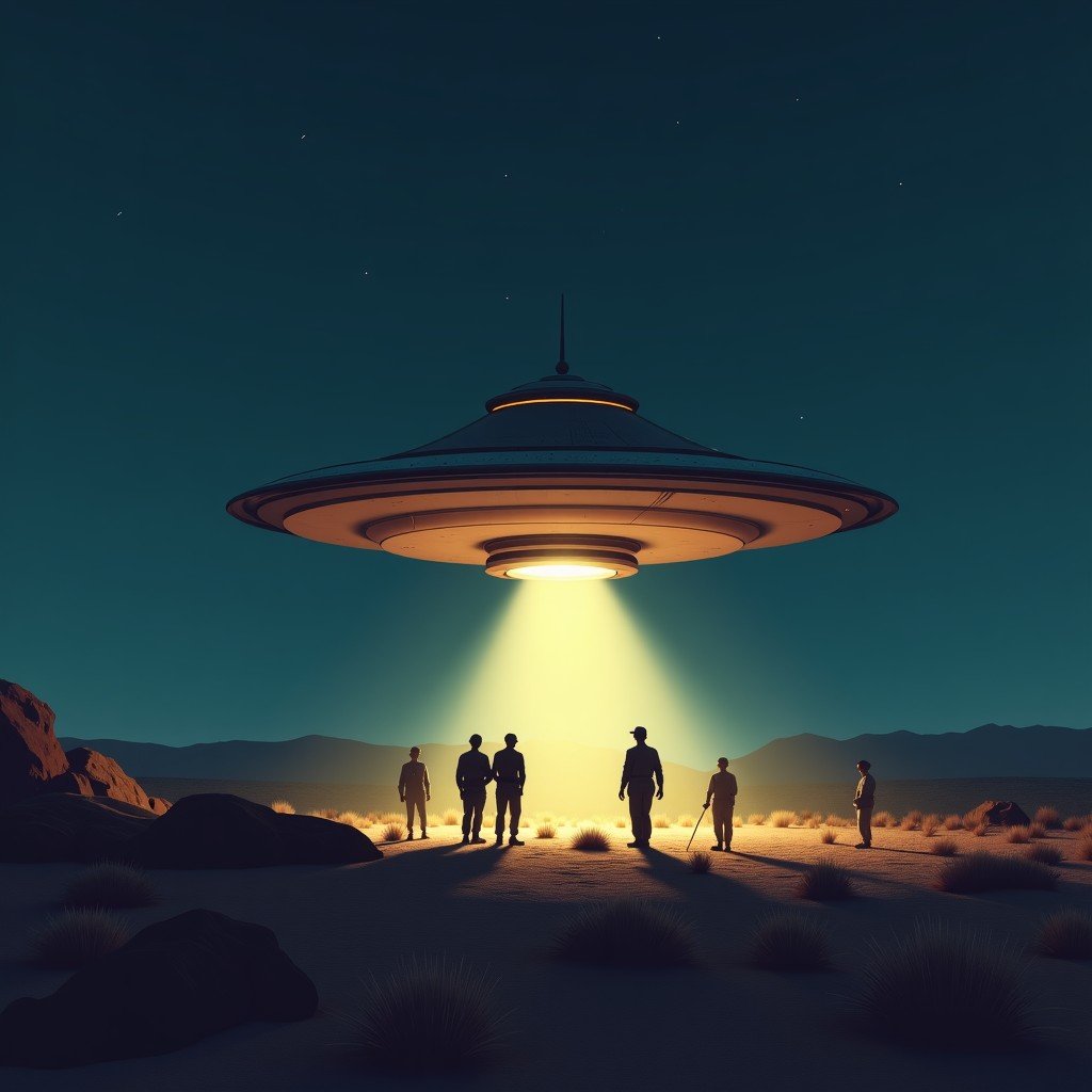 A cinematic illustration of a crashed metallic saucer in the New Mexico desert at night in 1947 with military personnel investigating under spotlights and a mysterious atmosphere. 4:3