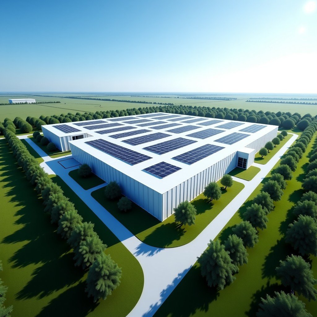An aerial view of a massive modern data center campus located in a lush green landscape of northwestern Louisiana. The architecture is futuristic with clean lines and solar panels on the roof. Bright daylight with a clear blue sky. 4:3