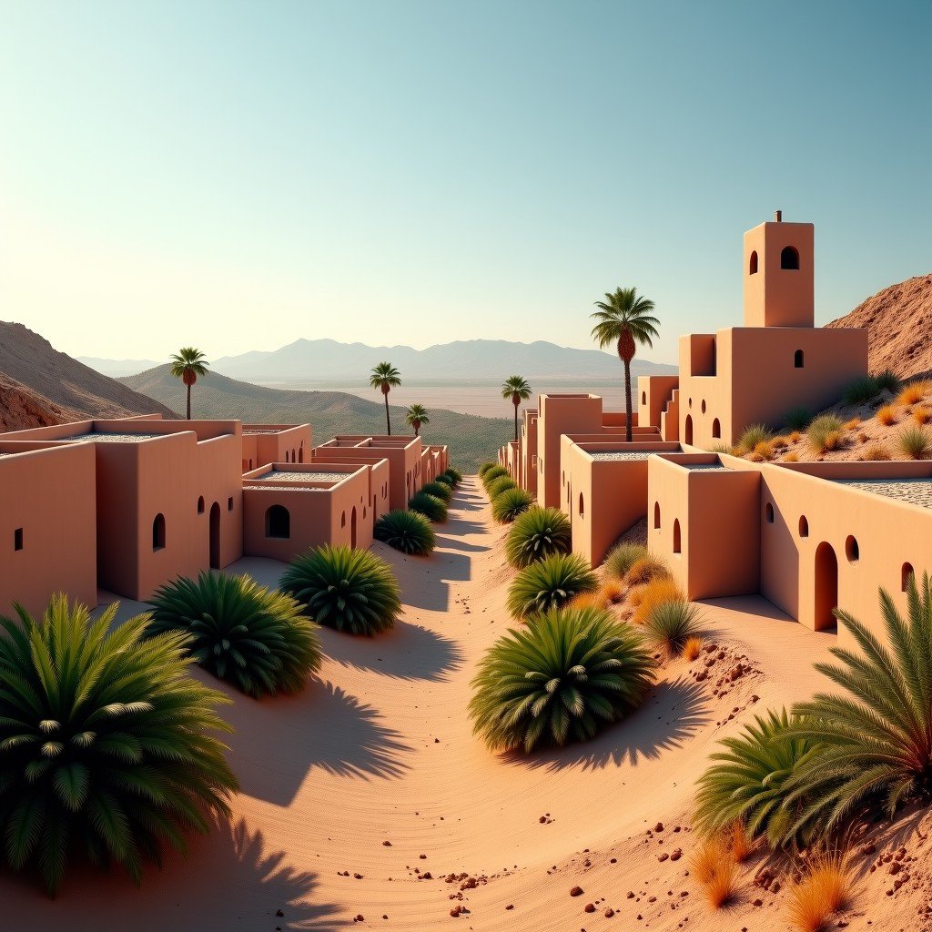 A wide cinematic view of the Old Town of Ghadames in Libya, featuring traditional mud-brick houses with white-washed upper parts, surrounded by a lush palm tree oasis under a clear desert sky, high contrast, artistic rendering. 4:3