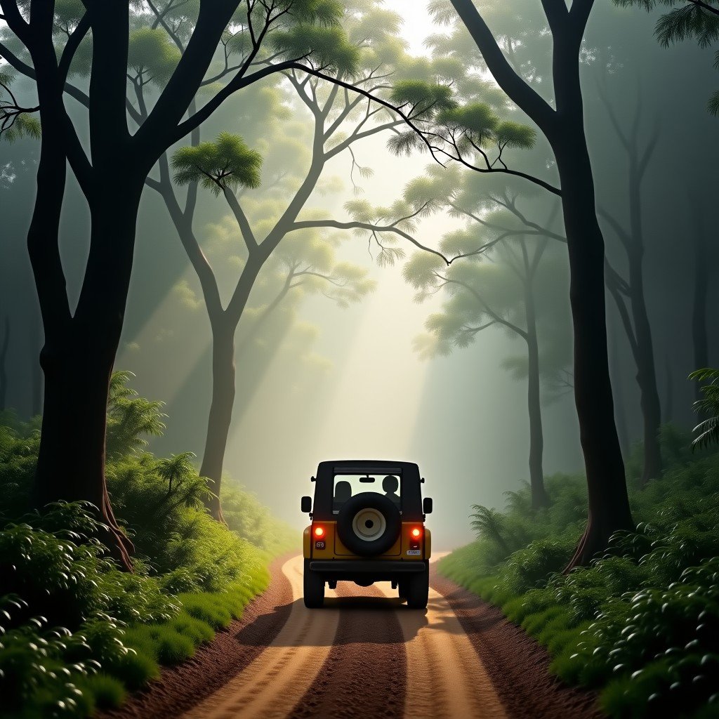 A dusty safari jeep traveling through the dense forest trail of Manas National Park, tall trees overhanging the path, morning mist, realistic wildlife photography style, 4:3