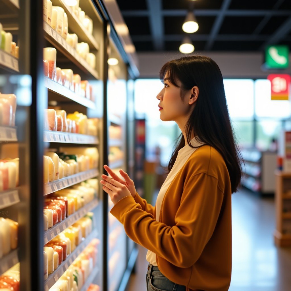 A Korean woman shopping in a bright modern supermarket, looking at prices on products. Lifestyle photography, warm natural lighting, realistic setting, 4:3