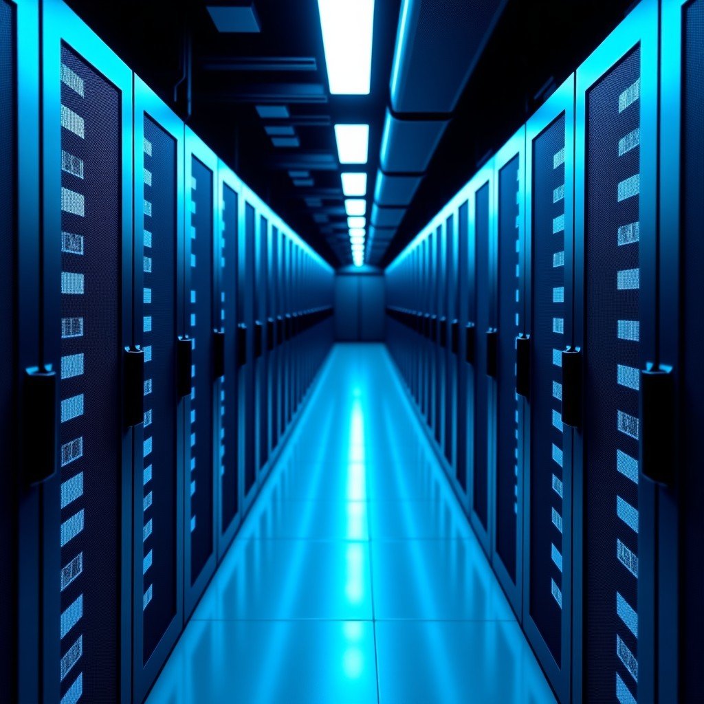 A high-tech data center representing a massive technology investment. Rows of server racks with blue and white LED lights, reflecting a clean and sophisticated banking infrastructure. Wide angle shot, realistic and professional lighting, 4:3