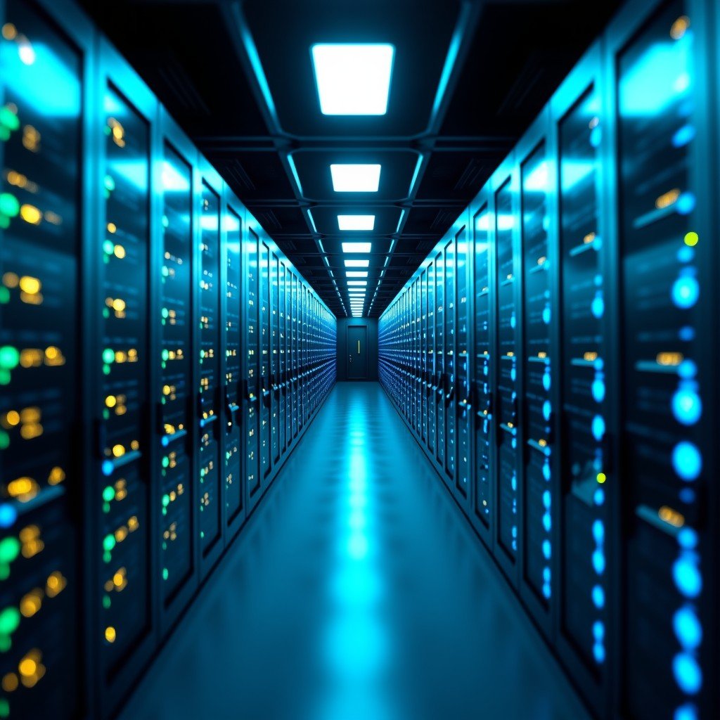 A vast high-tech server room with glowing blue and green lights representing immense computing power and data processing for AI. 4:3