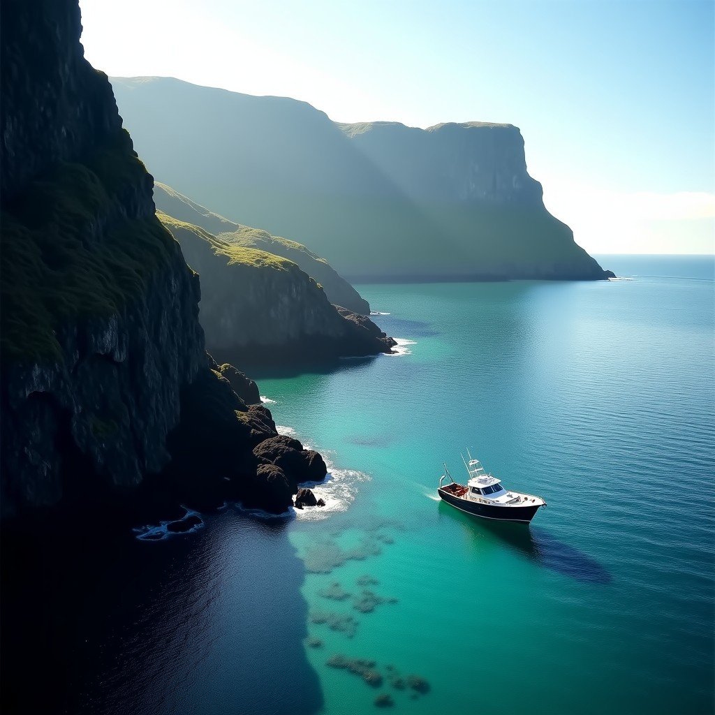 A small boat approaching the rocky coastline of St Kilda, crystal clear turquoise water near the shore, towering dark cliffs in the background, cinematic composition, 4:3