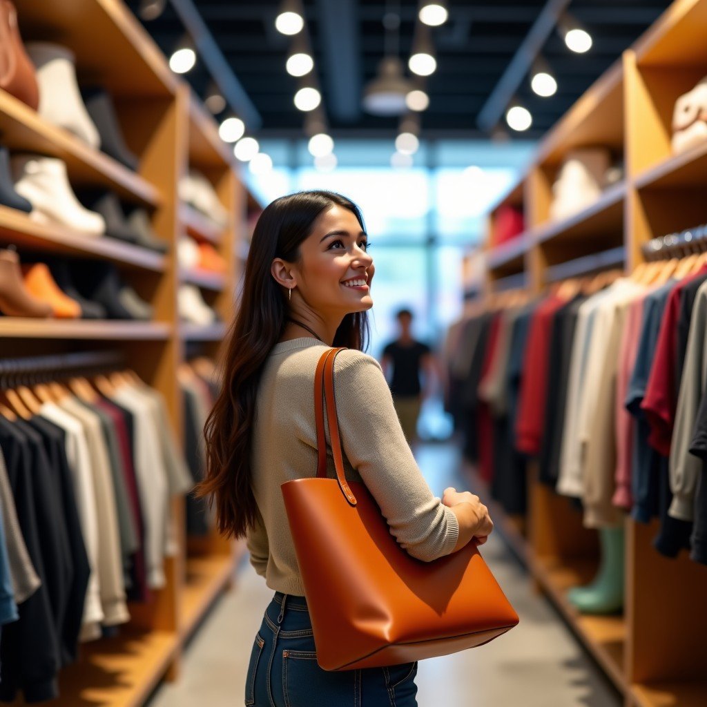 A shopper inside a well-organized off-price retail store looking at high-end designer bags and clothing with a look of surprise and joy. The interior is brightly lit with a variety of brand-name products on display. Professional indoor photography style. 4:3