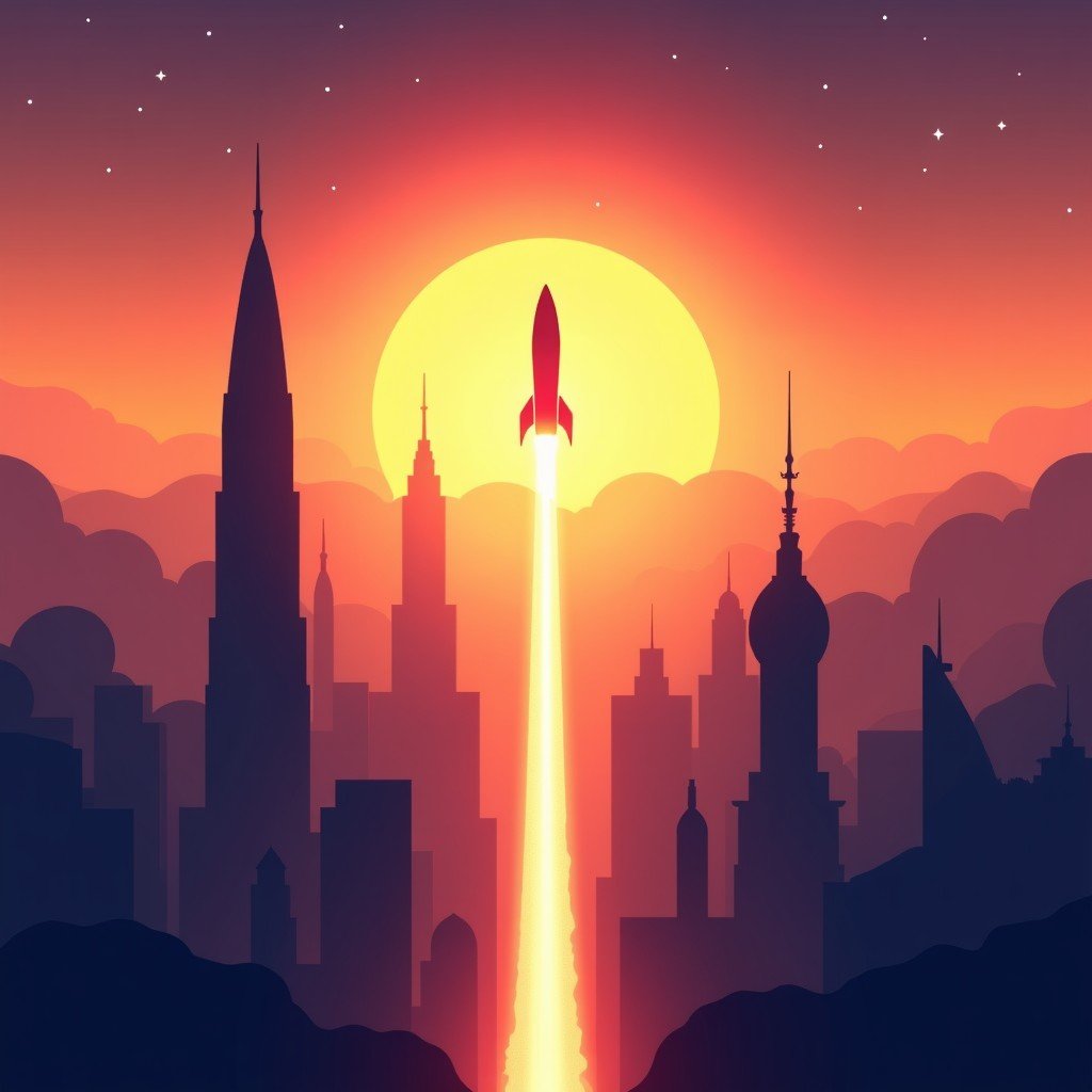A cinematic landscape of a futuristic city at sunset. A bright rocket trail streaks across the orange and purple sky, moving toward the stars. Modern architectural designs, vast scale, inspiring and hopeful atmosphere, high definition realism, no text. 4:3