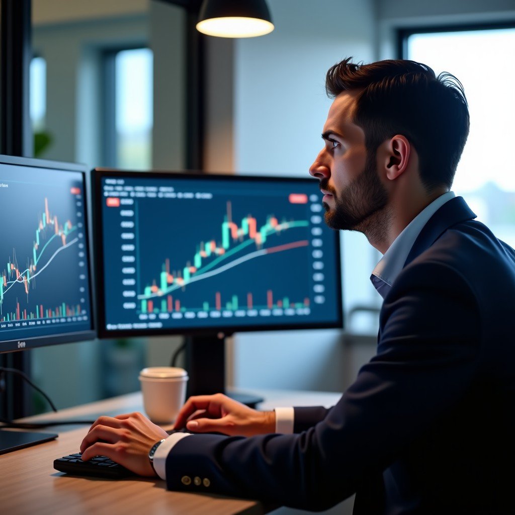 A professional male investor in a clean office setting looking at multiple screens displaying financial data and crypto charts. Natural lighting and a focused atmosphere. 4:3