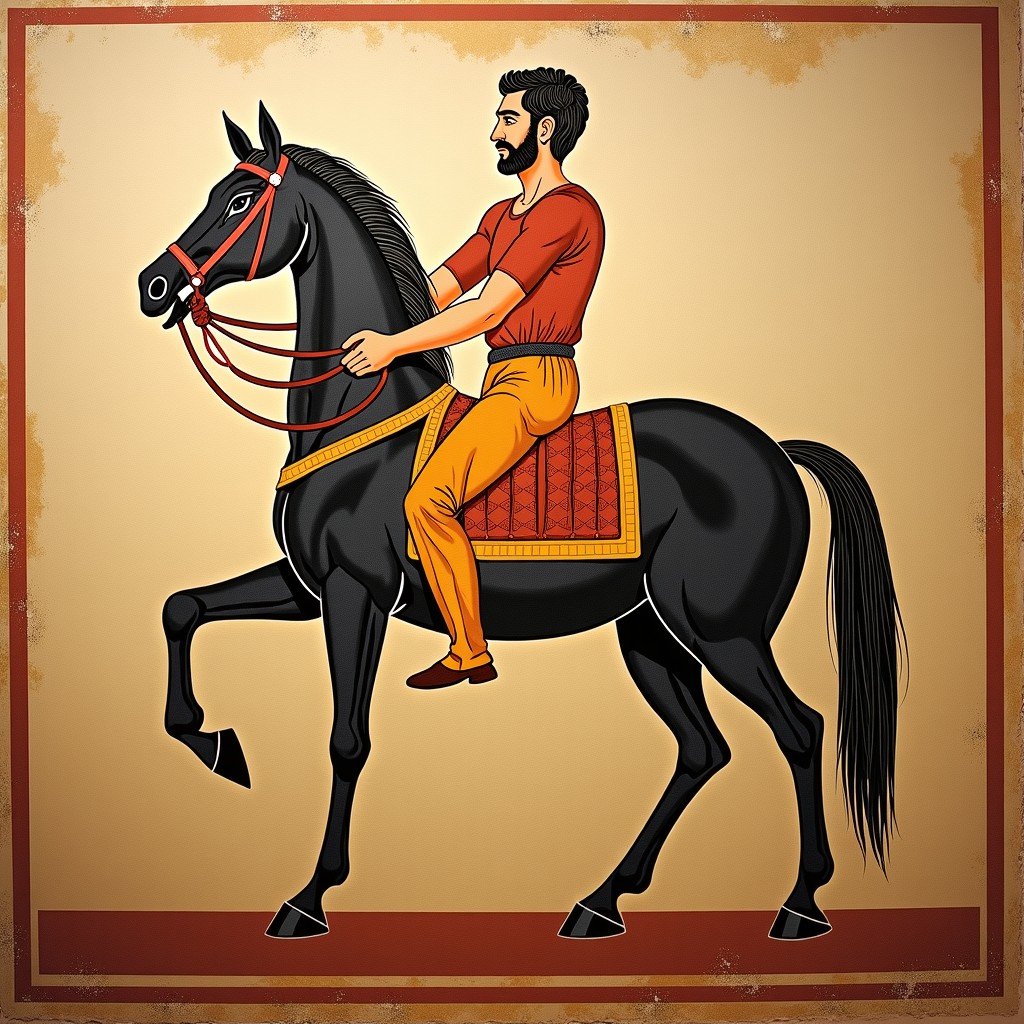 An artistic rendering of the mural depicting a Thracian horseman on the tomb wall, faded ancient pigments, Hellenistic style, historical illustration, textured background, 4:3