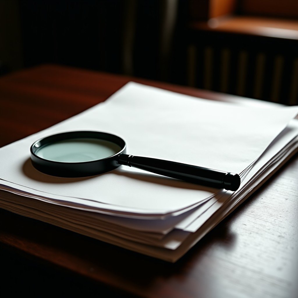 A stack of professional legal documents and FBI investigation files on a dark wooden desk, a magnifying glass resting on the papers, professional cinematic lighting, high contrast, 4:3