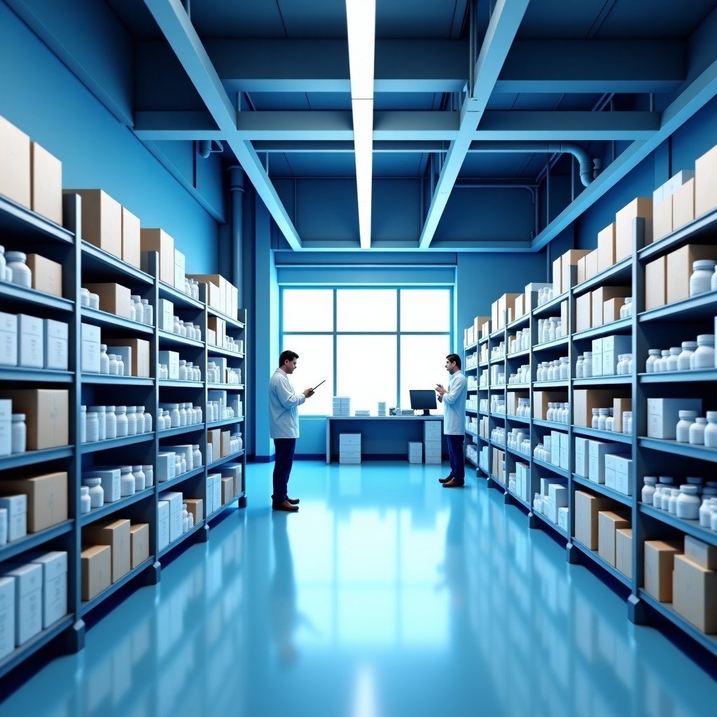 A high-tech medical distribution center with organized shelves of pharmaceuticals and medical supplies. Modern logistics equipment and professional staff in a clean clinical environment. Soft blue and white lighting. 4:3