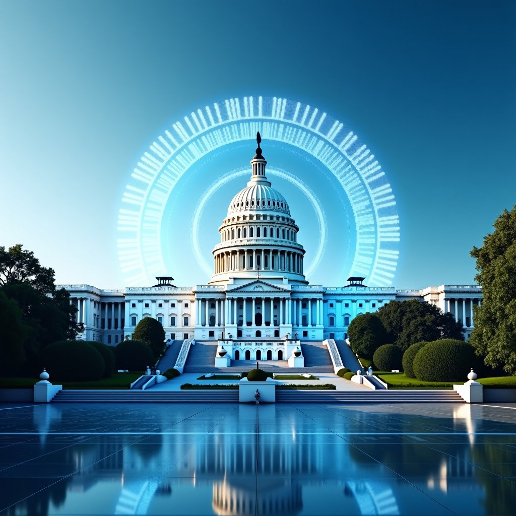 A realistic wide shot of the United States Capitol building with semi-transparent digital data streams and binary code floating in the air around it. Representing the intersection of technology and government policy. Bright daylight clean architectural photography style. 4:3