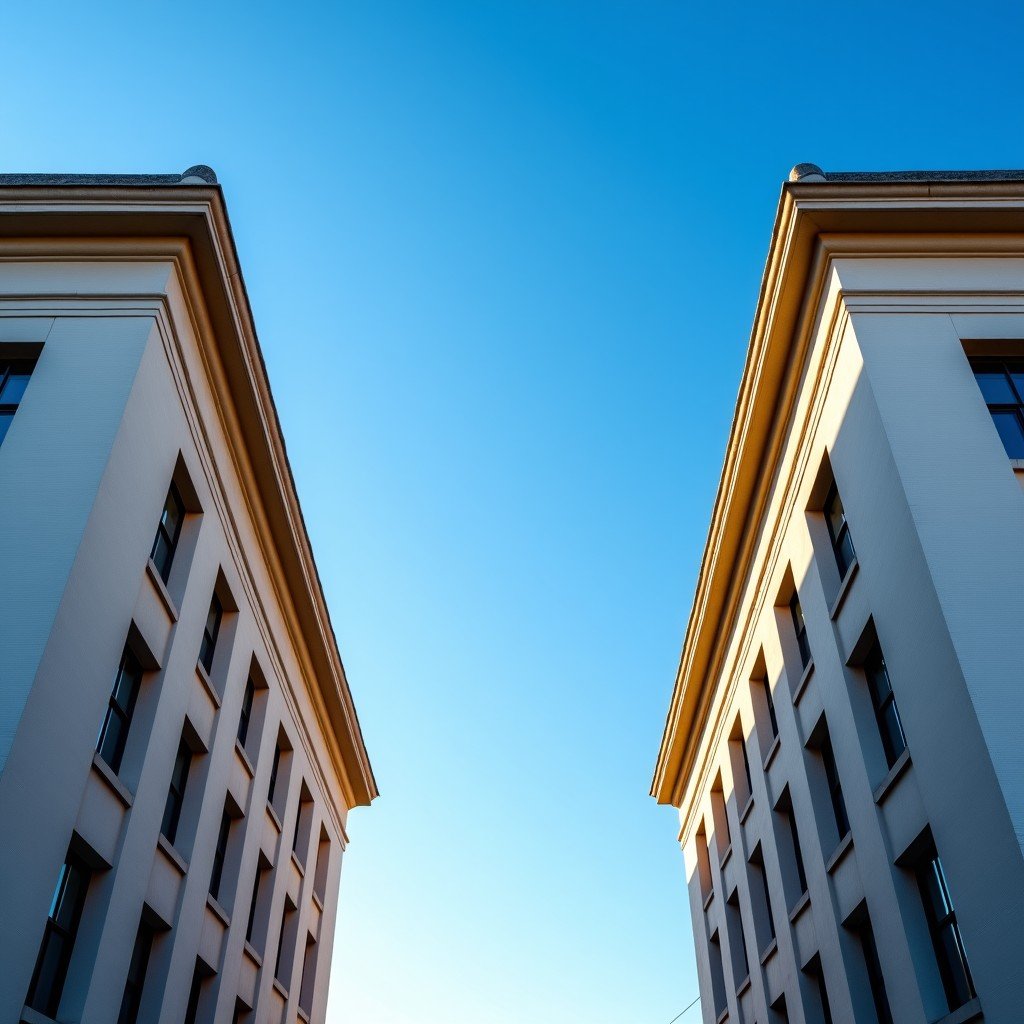 Two classical government buildings facing each other, blue sky, representing U.S. departments, architectural photography, wide shot, 4:3, no text