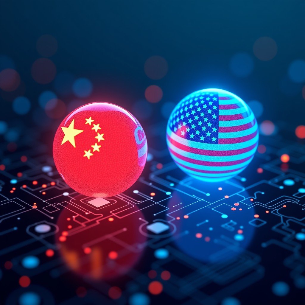 A high-tech conceptual illustration showing two glowing digital orbs representing US and China competing in a digital network, futuristic circuit board background, blue and red lighting accents, 4:3