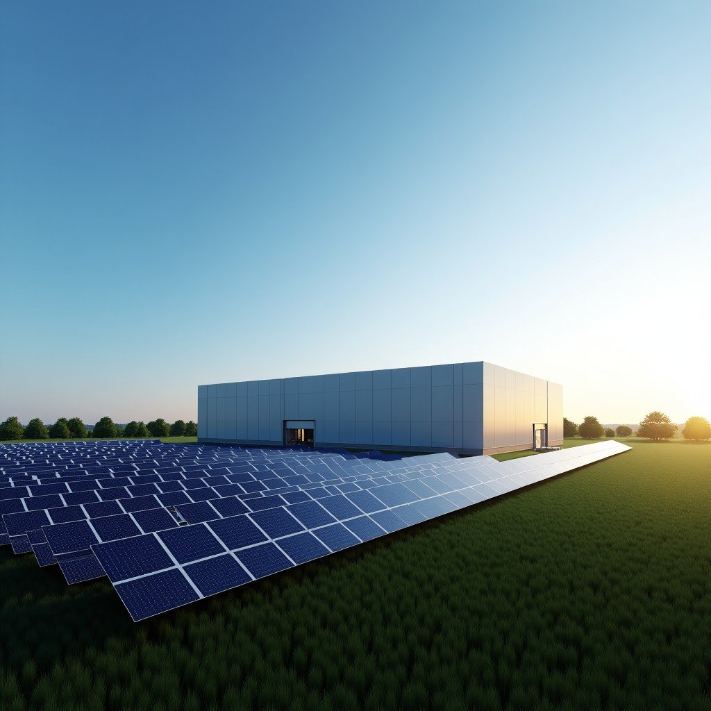 A high-tech modern data center building complex integrated with vast solar panel fields under a clear blue sky in a Minnesota rural landscape, cinematic lighting, architectural visualization, 4:3