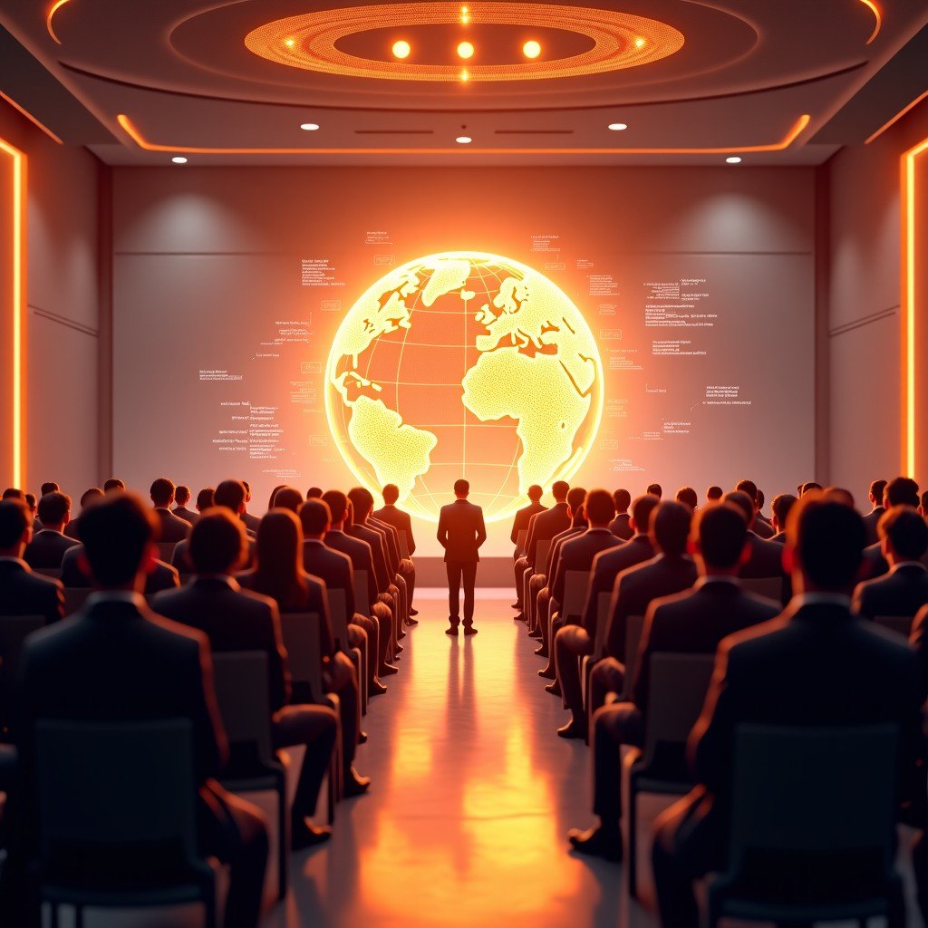 A futuristic conference hall interior in New Delhi, a diverse group of professional people looking at a large glowing holographic globe in the center, digital data streams floating in the air, symbolic of global AI cooperation and the complex tension of technological advancement, warm and sophisticated lighting. 4:3